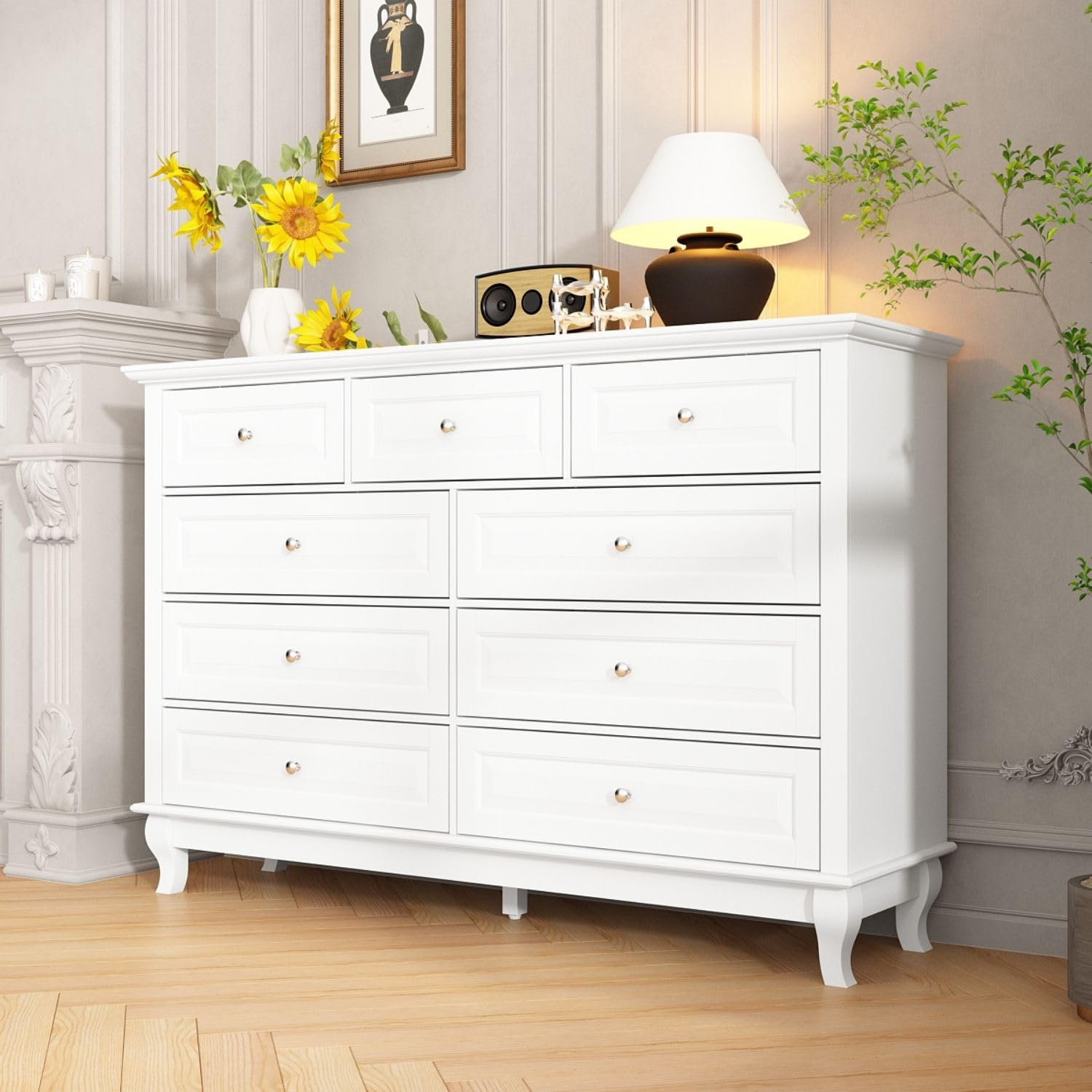 TAMUNE Chest of Drawers 9 Drawer Dresser for Bedroom, Modern White Dresser with Silver Knobs, Wide 9 Drawer Chest with Wood Legs for Bedroom Living Room, 15.7”D x 55.1”W x 37”H