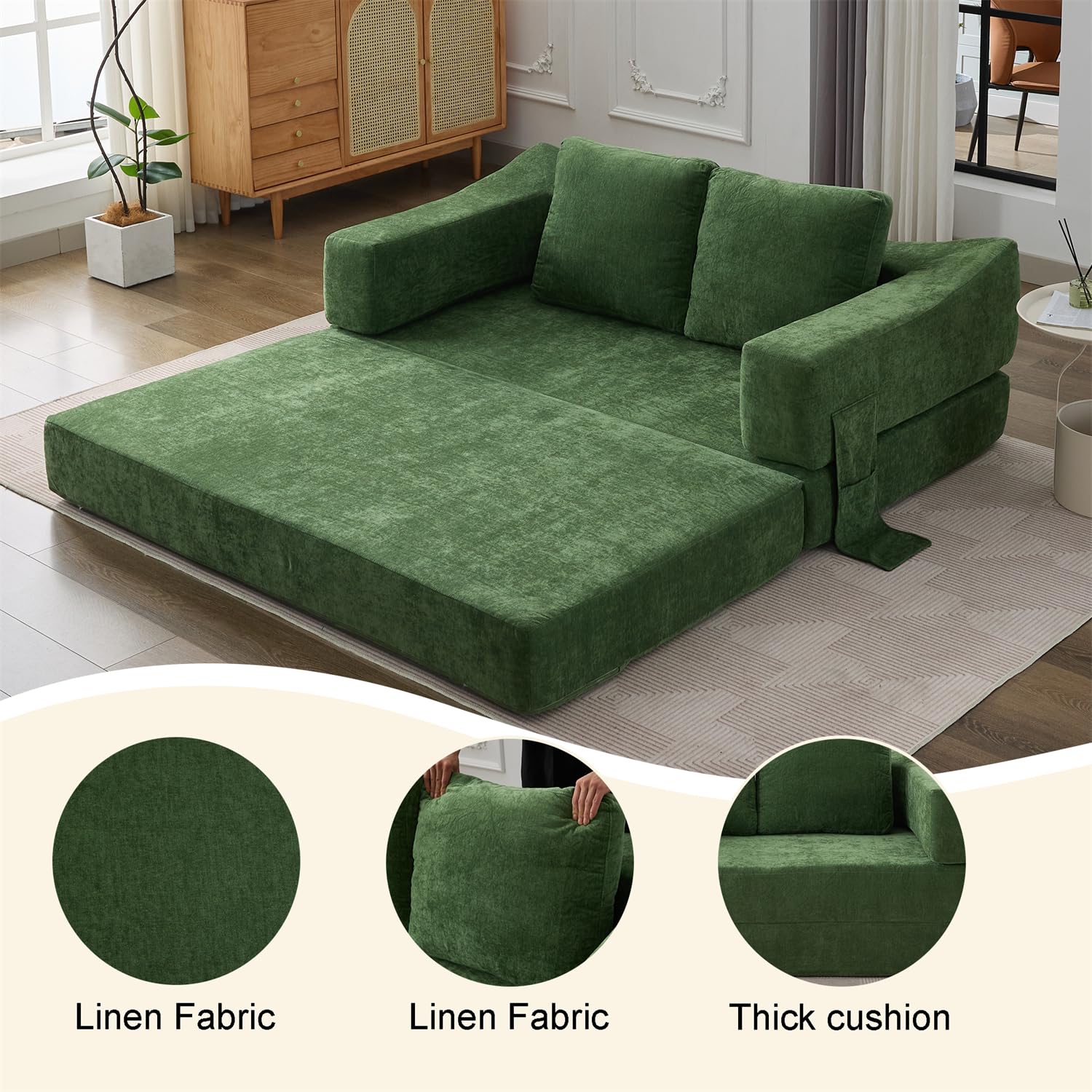 LUMISOL 70" Folding Pull Out Sofa Bed, Convertible Futon Sofa Bed with Removable Armrests & Side Pockets, Portable Foldable Floor Sleeper Sofa Couch with 2 Pillows for Living Room, Green