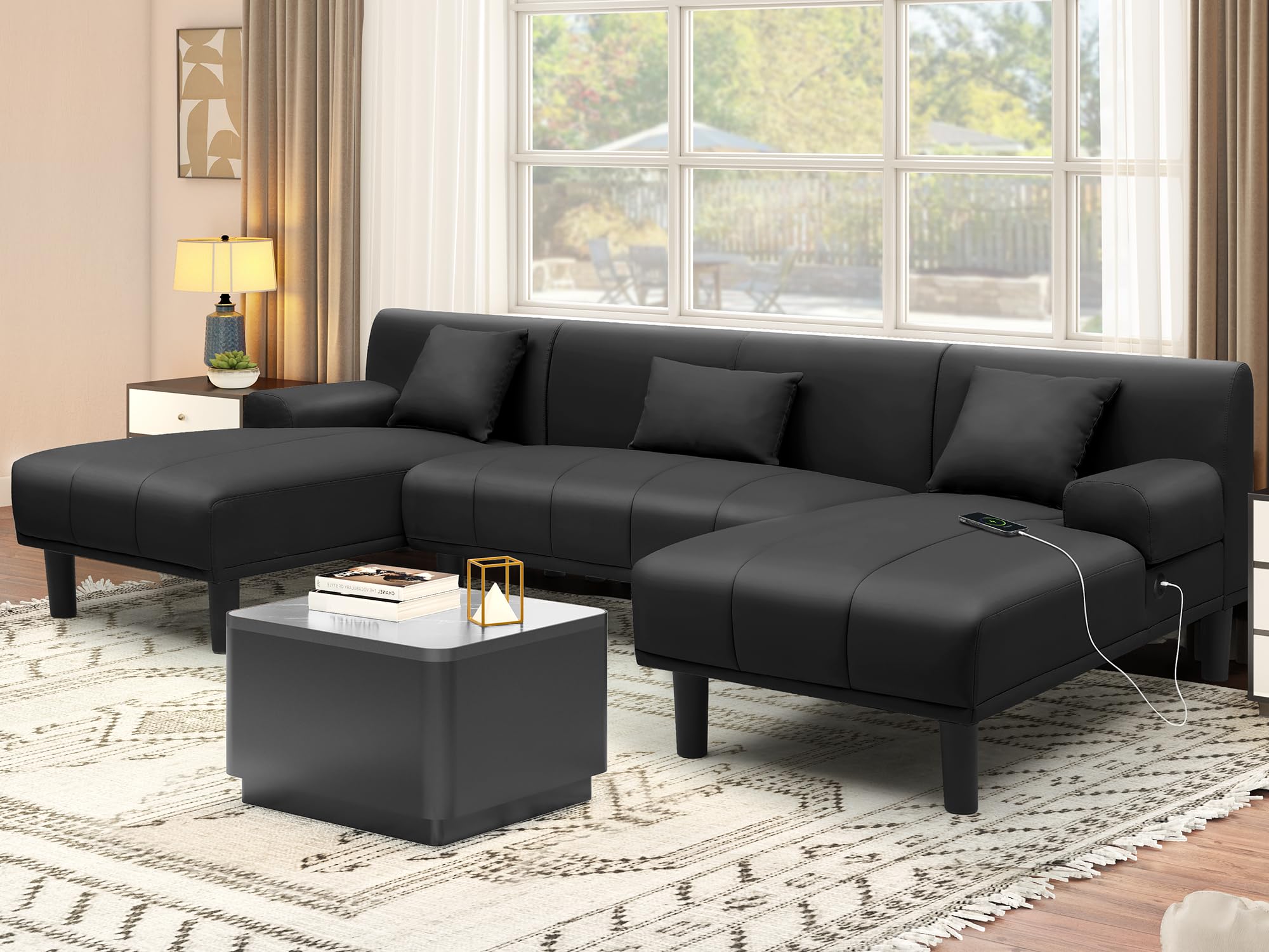 YITAHOME Sectional Couches for Living Room, U Shaped Sofa Faux Leather Modern Couch with USB & Type C Charging Ports Double Chaise and Comfy Upholstered, Black