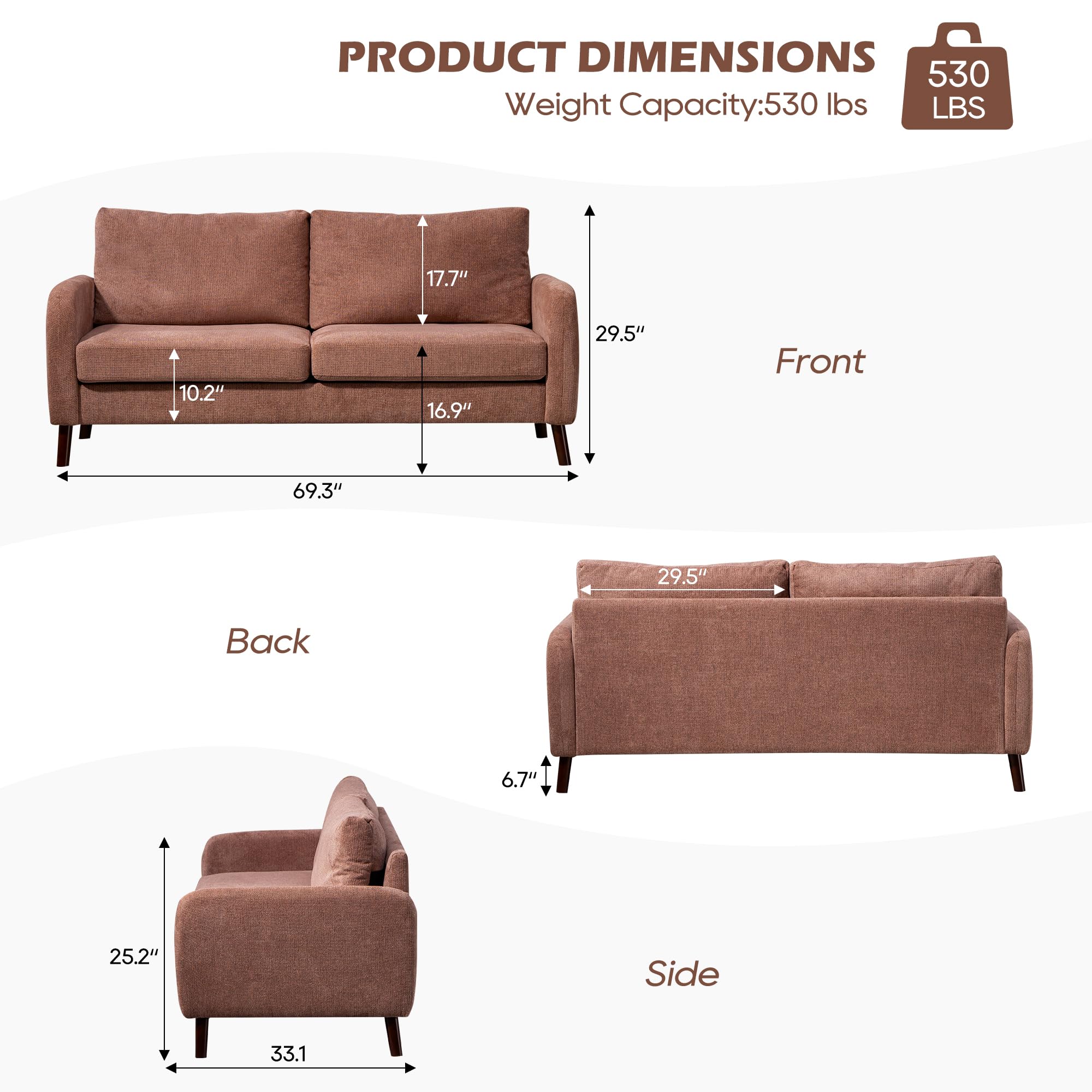 Consofa Loveseat Sofa, 69.3'' Small Modern Loveseat Couch for Small Spaces, Comfy 2 Seater Sofa with Solid Wooden Legs, Removable Cover, Mid Century Modern Couch for Living Room (Pink)