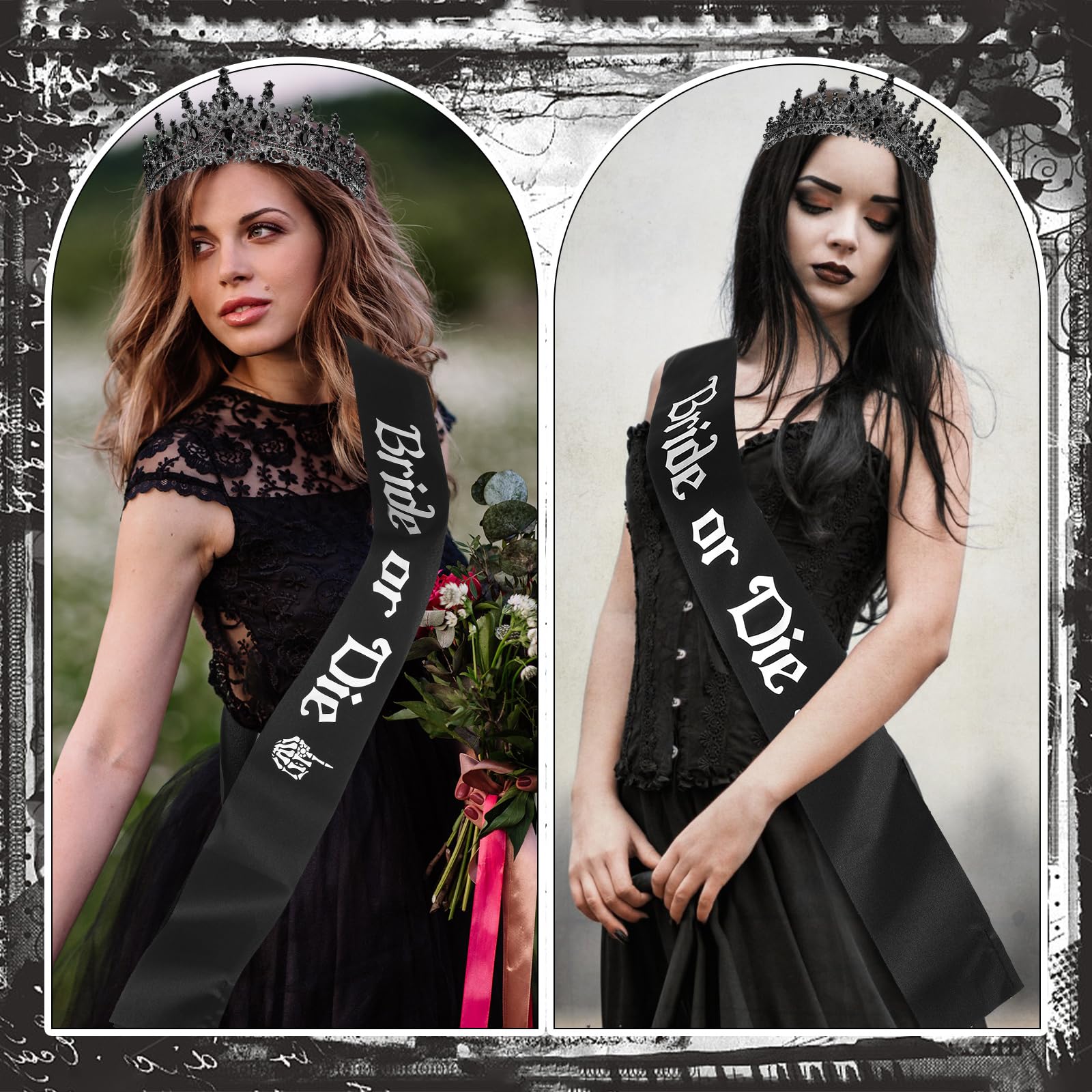 Panitay 3 Pcs Bride or Die Bachelorette Party Decorations Set Bride Crown Veil Sash Brides for Black Wedding Decorations Gothic Wedding Day Accessories Halloween