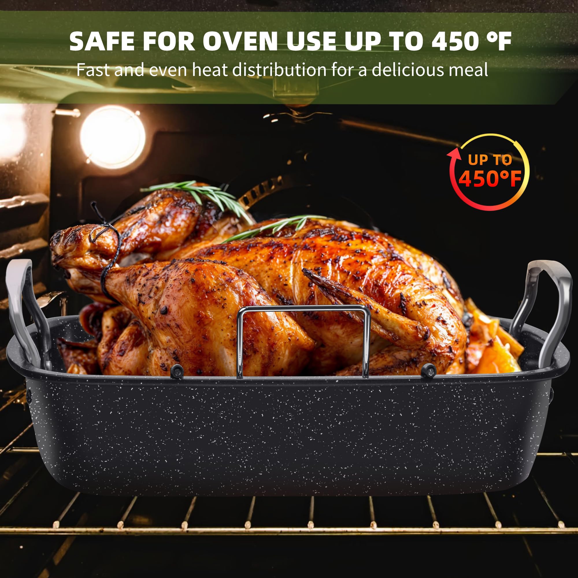 RavisingRidge Roasting Pan with Rack, 17 x 13 Inch Nonstick Turkey Roaster with Steel Handles – Ideal for Ovens, Lasagna, Meat & Vegetables, Perfect for Thanksgiving & Christmas (Black)