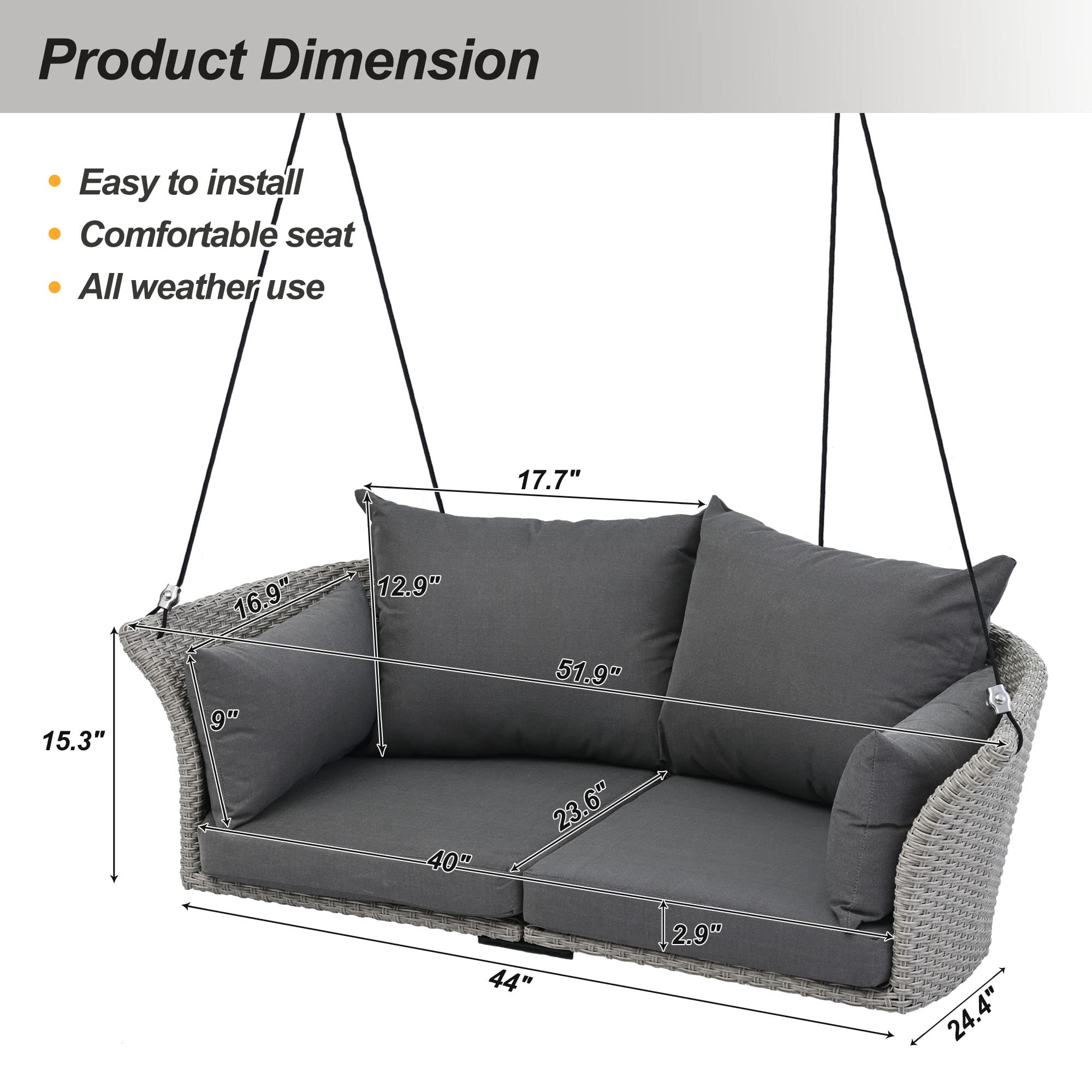 VnndeNest 2 Person Wicker Hanging Swing Bench with Removable Cushions, Outdoor Patio Swing Chair for Adults with Chains, Modern Outdoor Porch Swing for Backyard, Garden, Gray Wicker and Cushion