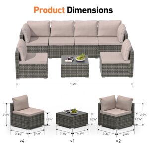 Covered Outdoor Patio Furniture Set, 7 Pieces Patio Furniture Sets with Glass Table, All-Weather PE Wicker Outdoor Couch Sectional Set, Outdoor Furniture Set for Garden/Patio/Ottoman, Grey