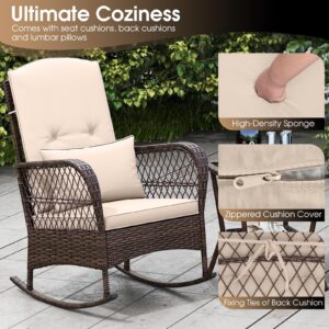 RELAX4LIFE 3-Piece Rocking Bistro Set - Rattan Wicker Rocking Chairs w/2-Tier Coffee Table, Cushions & Pillows, Conversation Rocker Set for Porch Garden Backyard, Outdoor Patio Furniture (Beige)