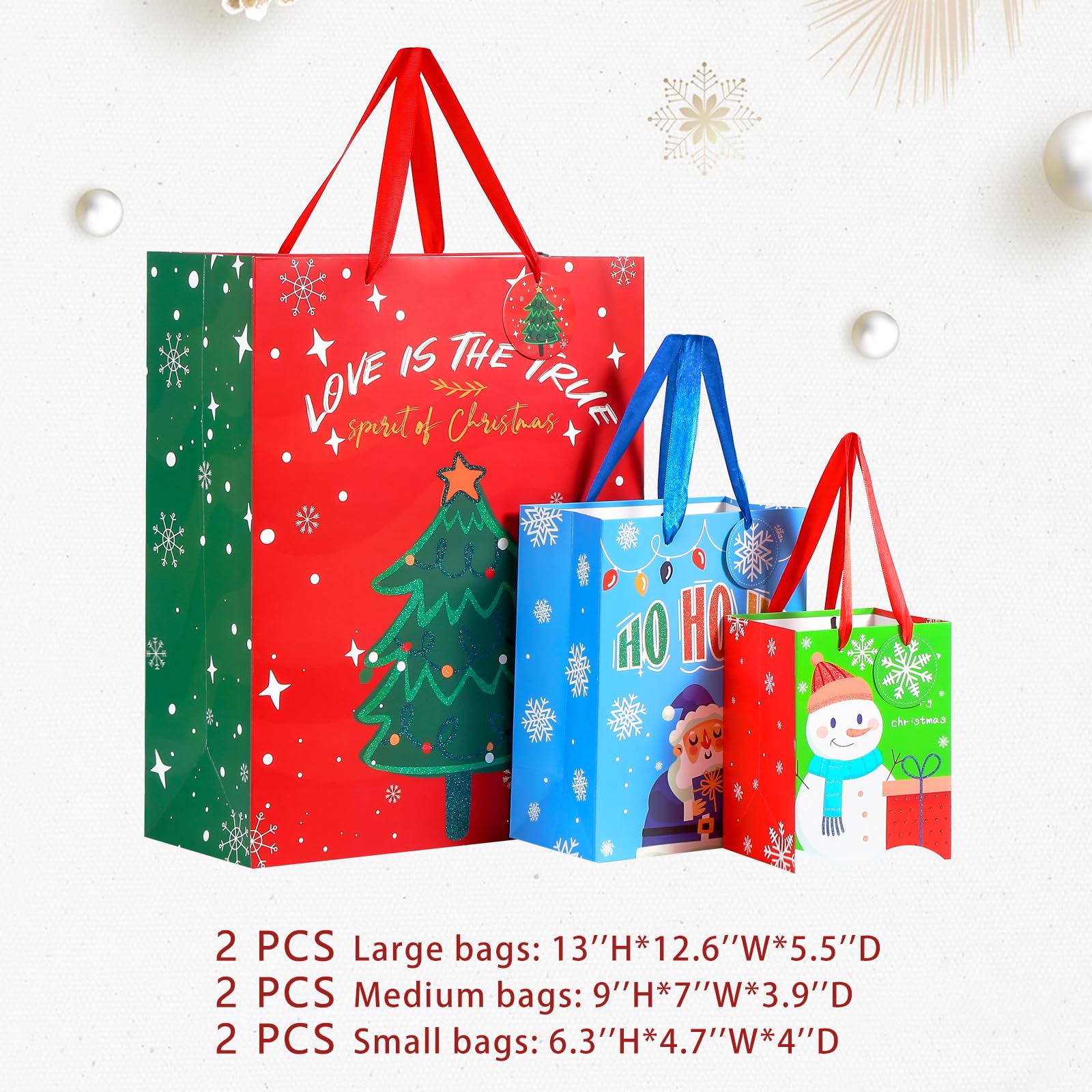 6 PCS Christmas Gift Bags, Christmas Tote Bags with Handles, Assorted Sizes Multifunctional Non-Woven Treat Bags for Gifts Wrapping Shopping, Xmas Party Supplies (2 Large 13", 2 Medium 9", 2 Small 6")