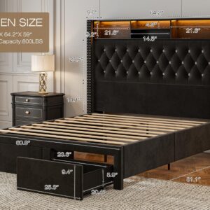 CIKUNASI Upholstered Queen Size Bed Frame with Headboard and Storage, 60“Tall Bed Frame with 2 Drawers, Tufted Wingback Bed Frame Queen Size LED Light, Charging Station, No Box Spring Needed