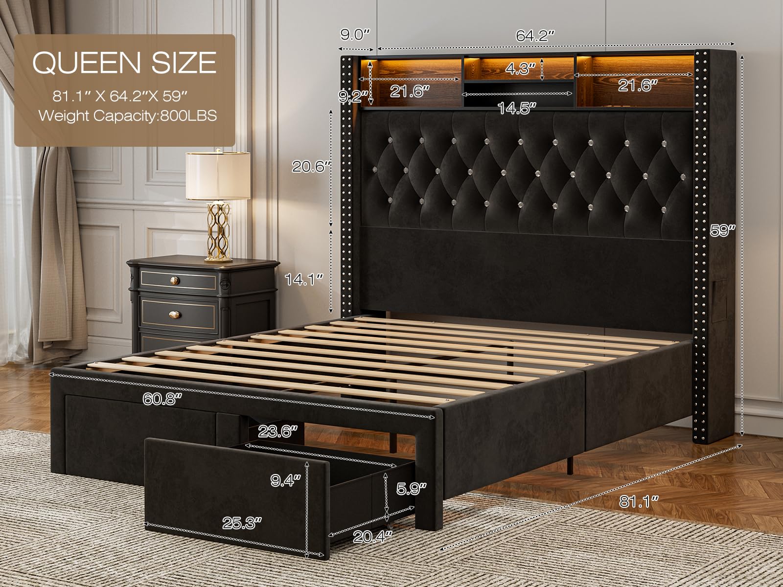 CIKUNASI Upholstered Queen Size Bed Frame with Headboard and Storage, 60“Tall Bed Frame with 2 Drawers, Tufted Wingback Bed Frame Queen Size LED Light, Charging Station, No Box Spring Needed