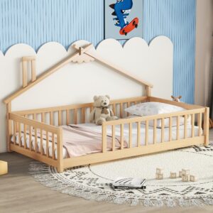 KEIKI Twin House-Shaped Bedside Floor Bed with Guardrails, Slats, Without Door,Natural