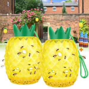 wasp traps outdoor hanging, bee traps repellent yellow jacket catchers killer for outside, hornet wasp trap non-toxic reusable hanging traps pineapple shape - 2 pack