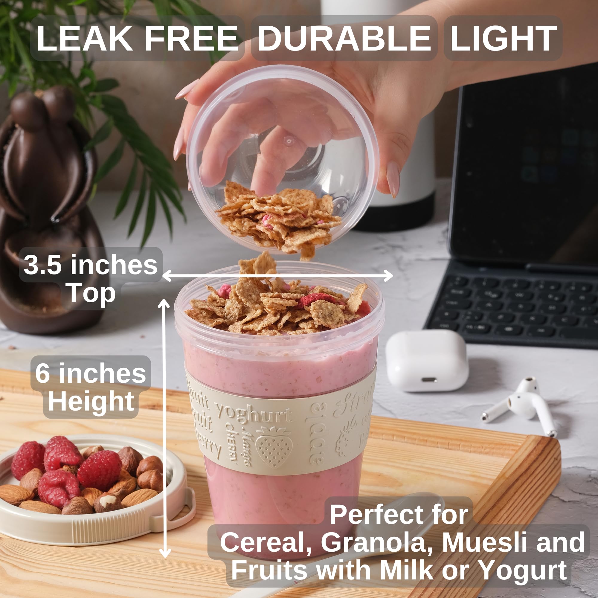 BCS 4 Pack Yogurt Parfait Cups with Lids Reusable Take and Go Yogurt Containers with Lids and Spoons Overnight Oats Containers Breakfast on the Go Durable Cups with Topping for Cereal Granola (20 oz)