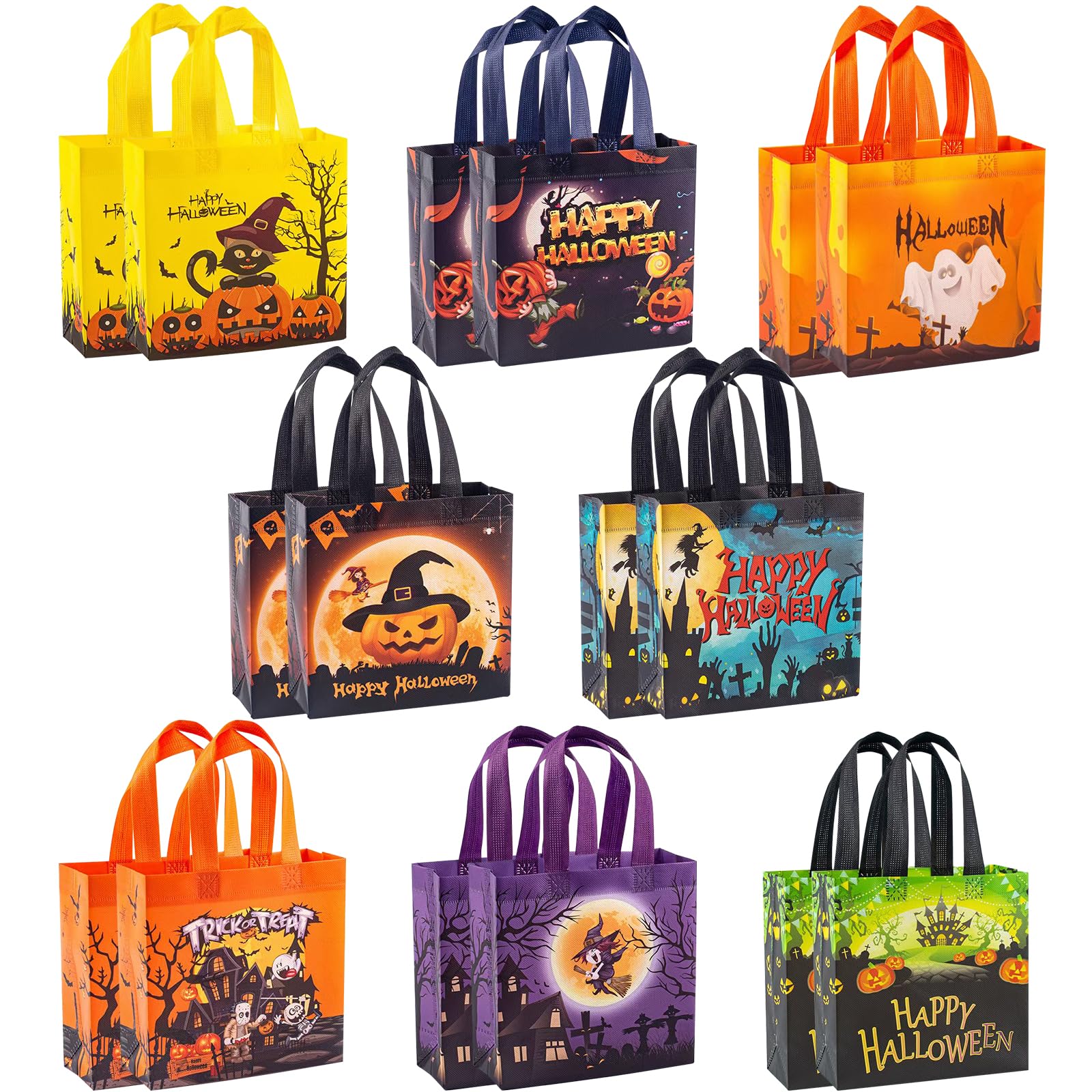 DECEED 16PCS Small Halloween Tote Bags,8 Pattern Trick or Treat Bags with Handle,Halloween Bags For Kids,Goodie Bag for Halloween Party Supplies