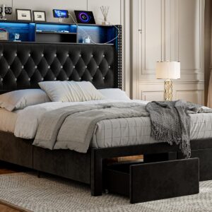 CIKUNASI Upholstered Queen Size Bed Frame with Headboard and Storage, 60“Tall Bed Frame with 2 Drawers, Tufted Wingback Bed Frame Queen Size LED Light, Charging Station, No Box Spring Needed