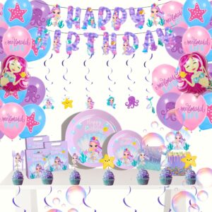 Mermaid Birthday Decorations Kit, All-in-1 Girl's Party Decor Package With Mermaid Tail Balloons, Hanging Swirls, Goodie Bags, Birthday Banner, Plates- Purple, Teal. Mermaid Party Supplies for kids.