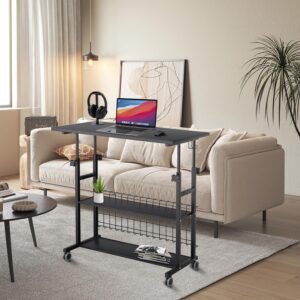 AIZ Rolling Laptop Cart with Storage for Small Spaces Portable Mobile Adjustable Computer Table on Wheels for Couch Bedrooms Black 39.4’’x19.7’’