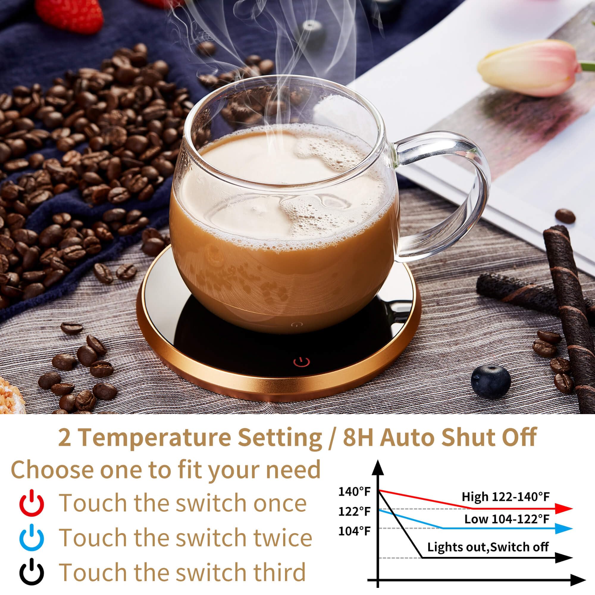 Coffee Mug Warmer for Desk 8H Auto Shut Off, Smart Coffee Cup Warmer with 2 Temperature Setting, Electric Mug Warmer Plate for Coffee, Milk, Tea (Black Gold)