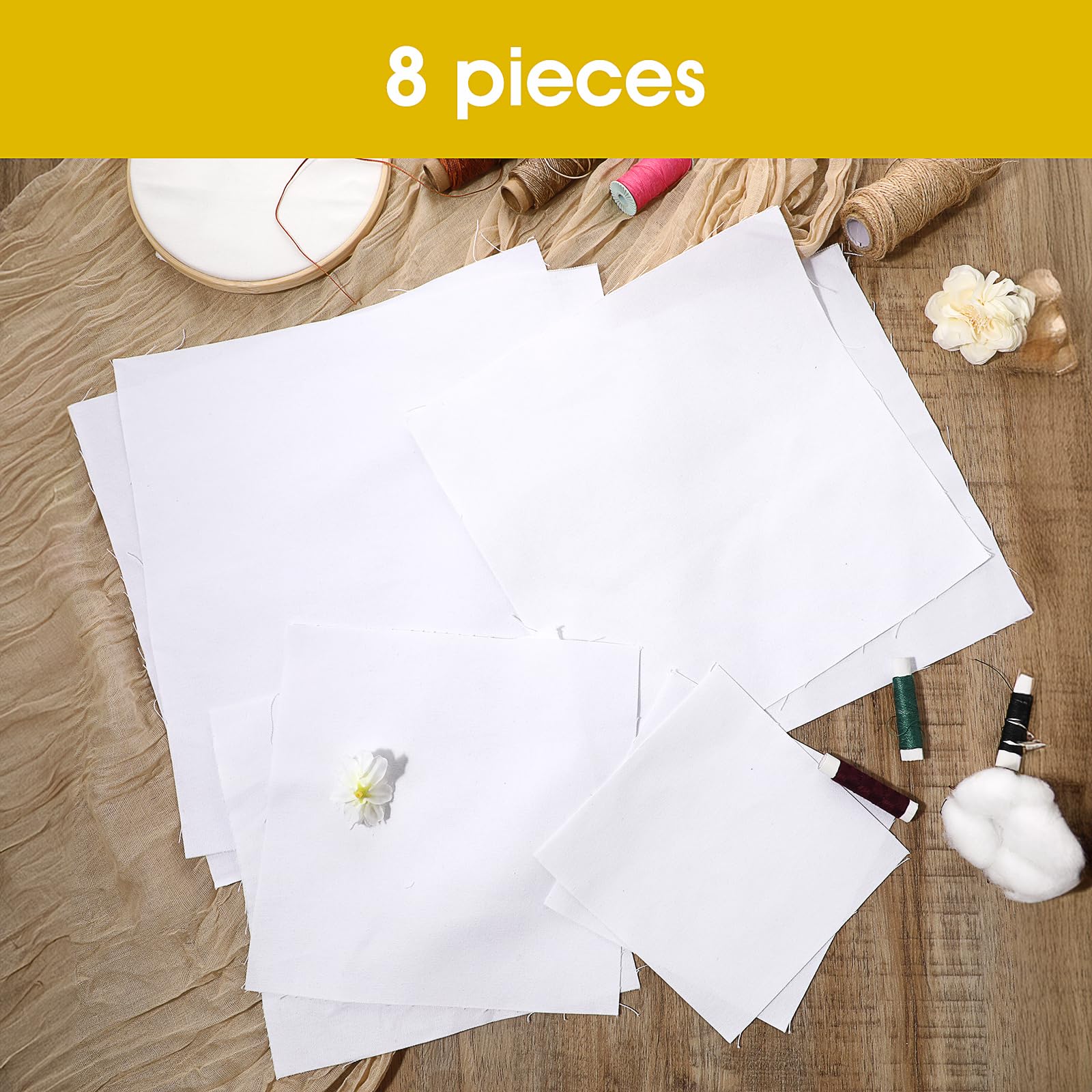 Prasacco 8 PCS White Embroidery Fabric, 4 Size Pre-Cut Natural Cotton Embroidery Cloth Fabric Squares Embroidery Fabric Cross Stitch Fabric Fabric Embroidery Cloth for Craft Garment Embroidery