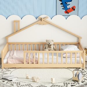 KEIKI Twin House-Shaped Bedside Floor Bed with Guardrails, Slats, Without Door,Natural