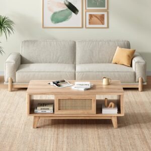 PASBAS Coffee Table, Mid Century Modern Coffee Table with Rattan Drawer, Wood Coffee Table for Living Room, Rattan Living Room Table with Storage, Woven Wooden Coffee Table Support Up to 110 LBS