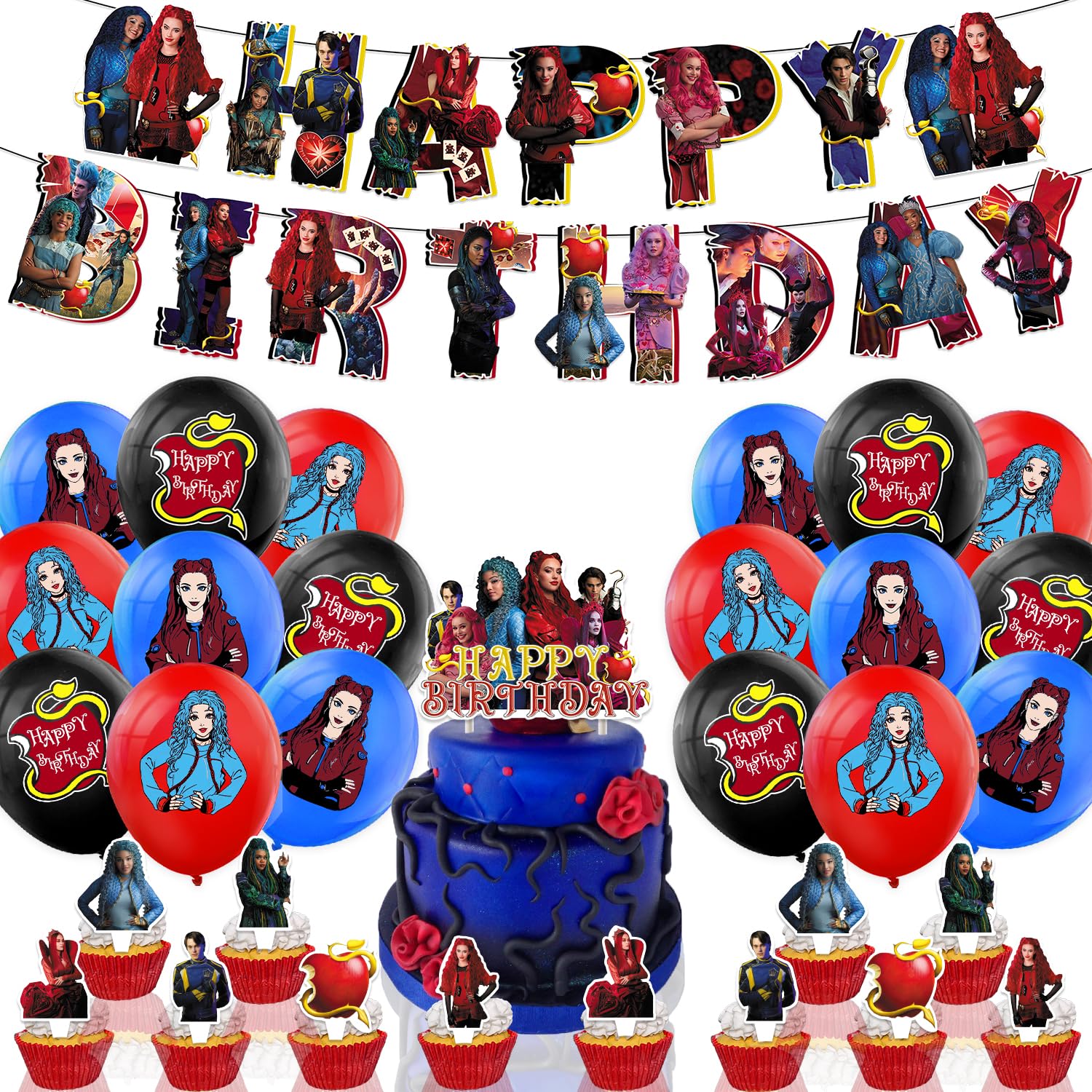 Descendants Birthday Party Decorations,Descendants Birthday Banner,Cake Topper,Cupcake Toppers,Balloons for Boys and Girls