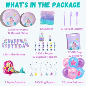 Mermaid Birthday Decorations Kit, All-in-1 Girl's Party Decor Package With Mermaid Tail Balloons, Hanging Swirls, Goodie Bags, Birthday Banner, Plates- Purple, Teal. Mermaid Party Supplies for kids.