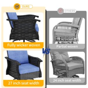 KICOFI Manual Weaving Wicker Patio Furniture Set 3 Pieces, Outdoor Swivel Rocking Chairs with Side Table, Patio Conversation Set with Comfy Cushions for Backyard, Garden, Balcony, Poolside Denim Blue