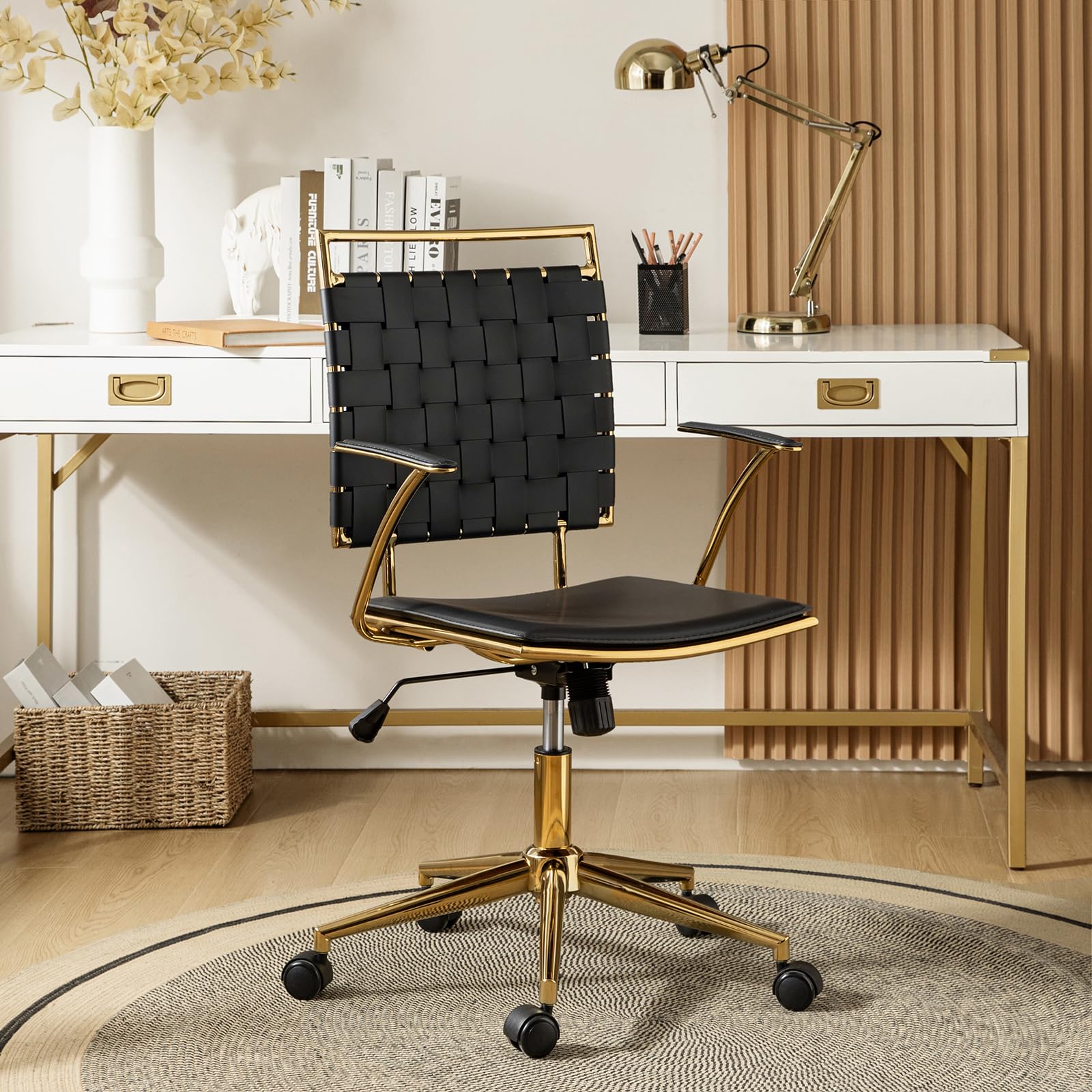 HULALA HOME Faux Leather Woven Office Desk Chair, Adjustable Swivel Task Chair with Padded Arms and Golden Legs, Modern Rattan Upholstered Computer Chair, Black