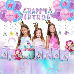 Mermaid Birthday Decorations Kit, All-in-1 Girl's Party Decor Package With Mermaid Tail Balloons, Hanging Swirls, Goodie Bags, Birthday Banner, Plates- Purple, Teal. Mermaid Party Supplies for kids.