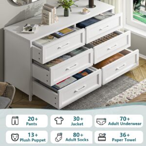 TVU 6 Drawer Double Dresser for Bedroom, Wood Storage Dresser Clothes Organizer with Sturdy Steel Frame (White)