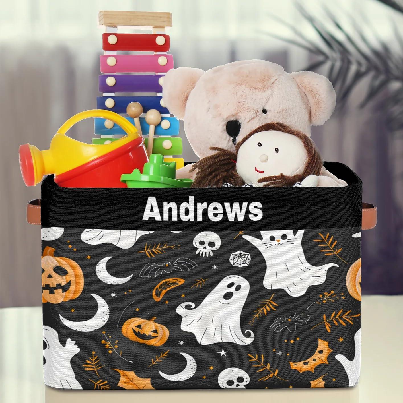 KFNHN Custom Rectangular Baby Storage Basket, Kids Toys Bin, Books Shelf Basket, Clothes Towel Storage Bin for Nursery, Gift Basket, Pet Basket, Happy Halloween Ghost Pumpkins Bat Leaves