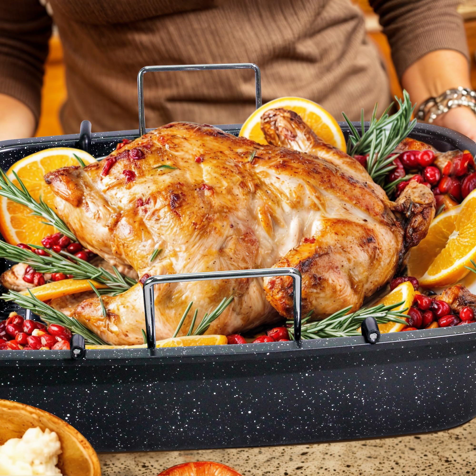 RavisingRidge Roasting Pan with Rack, 17 x 13 Inch Nonstick Turkey Roaster with Steel Handles – Ideal for Ovens, Lasagna, Meat & Vegetables, Perfect for Thanksgiving & Christmas (Black)