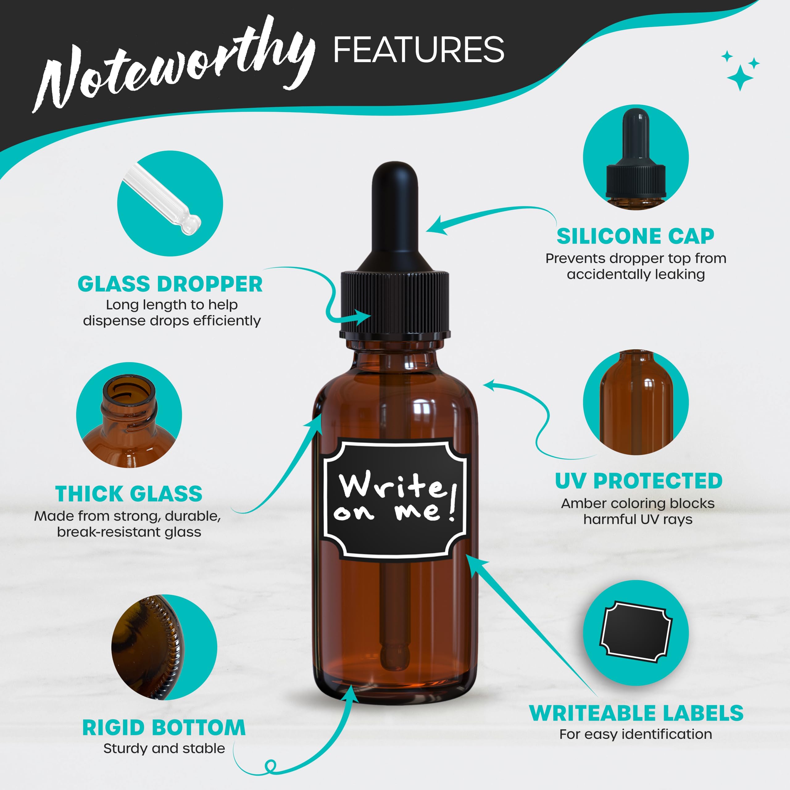 Nevlers 48PK 1oz Amber Glass Dropper Bottles | No-Leak 30ml Brown Glass Bottles with Dropper Versatile as Oil Dropper Bottle, Apothecary Bottles, Eye Dropper Bottle, Medicine Dropper Bottle & More