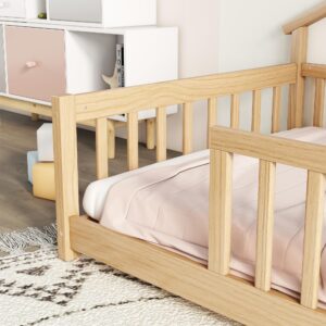 KEIKI Twin House-Shaped Bedside Floor Bed with Guardrails, Slats, Without Door,Natural