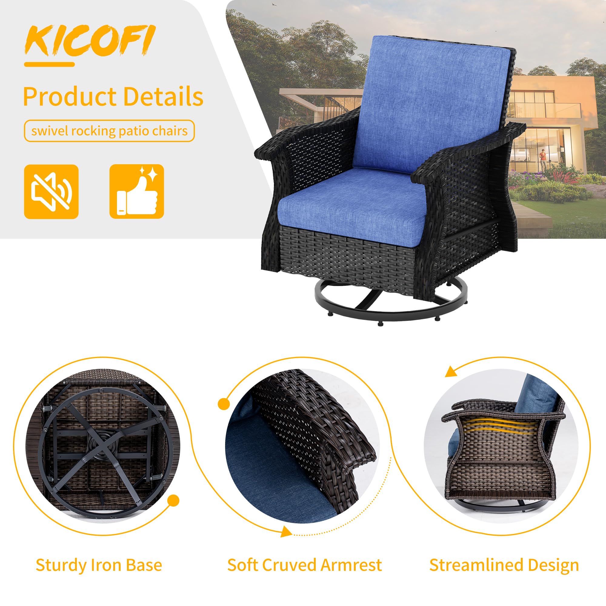 KICOFI Manual Weaving Wicker Patio Furniture Set 3 Pieces, Outdoor Swivel Rocking Chairs with Side Table, Patio Conversation Set with Comfy Cushions for Backyard, Garden, Balcony, Poolside Denim Blue