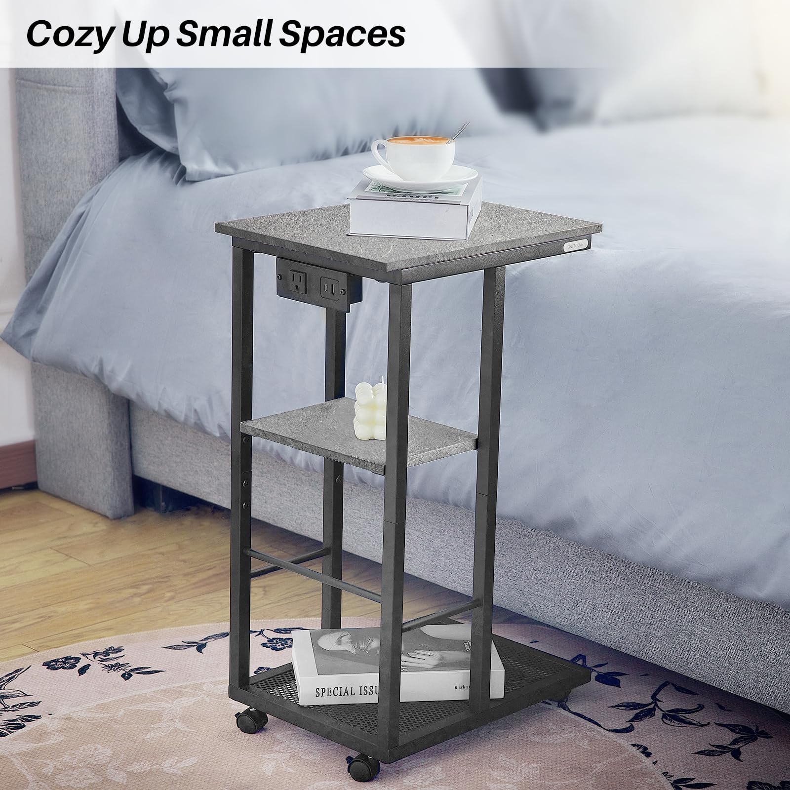 Redlife C Shaped End Table, Small Side Table with Rolling Wheels for Couch with Charging Station, High Slide Under Sofa TableSnack Side Table with Storage Basket for Small Spaces(Grey)