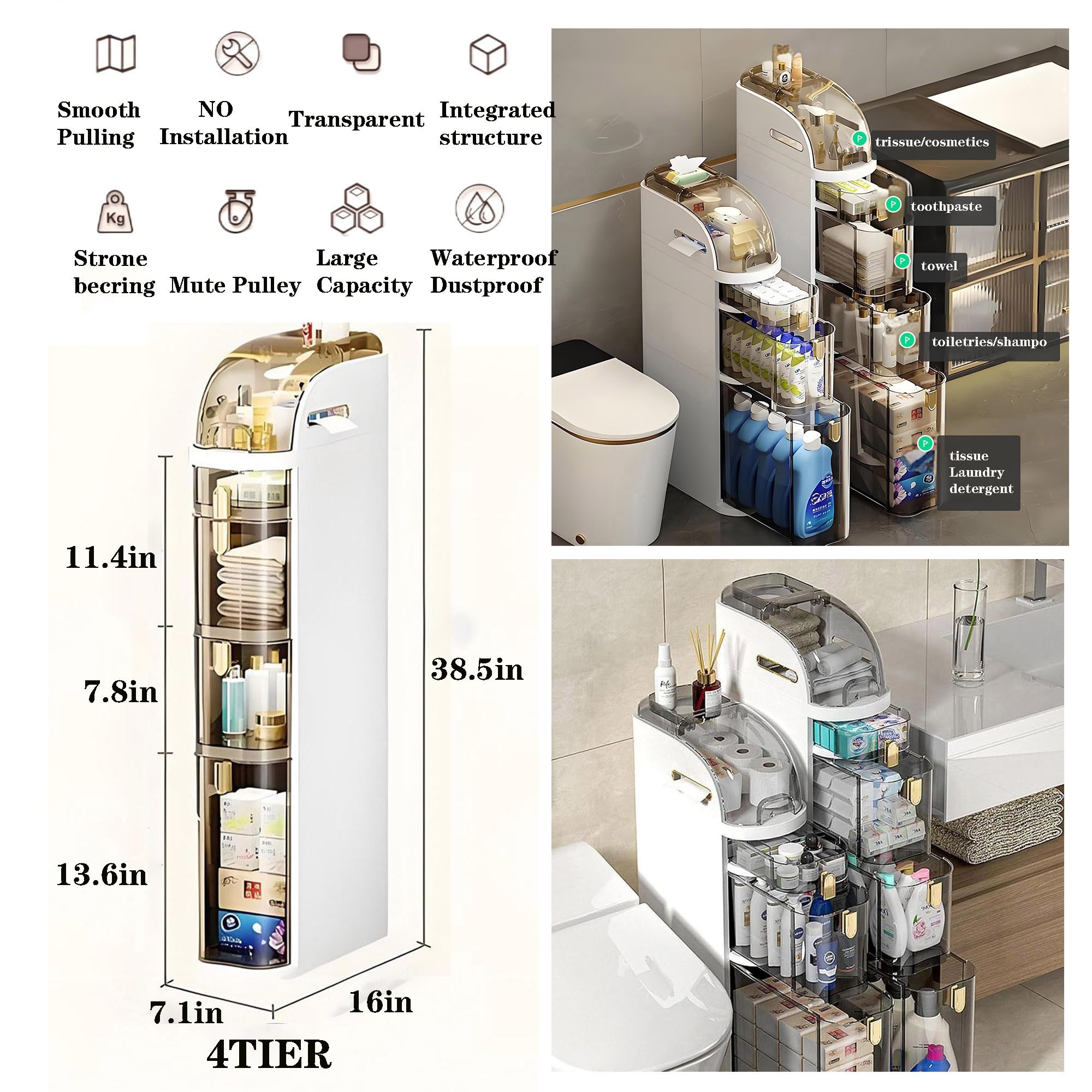 Bathroom Cabinet/Slit Storage Cabinet /Organizing Rack For Bathroom ,Bathroom Floor Storage Cabinet Narrow For Laundry Room/Kitchen/Bedside/Wardrobe/Sofa Side/Balcon，Narrow Four Tier Cabinet (4 Tier)