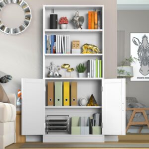 holzart 75" Tall Bookcase with Doors, 5 Tier Large Bookshelf with Cabinet, Standing Wood Display Book Shelf for Living Room, Office, Library with Doors, White