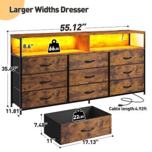 EnHomee 55” W Dresser, Rustic Brown Dresser for Bedroom with Power Outlet & LED Lights for 65" TV Stand Bedroom Dresser with 9 Fabric Drawers, Long Sturdy Dressers for Bedroom, Closet, Entryway