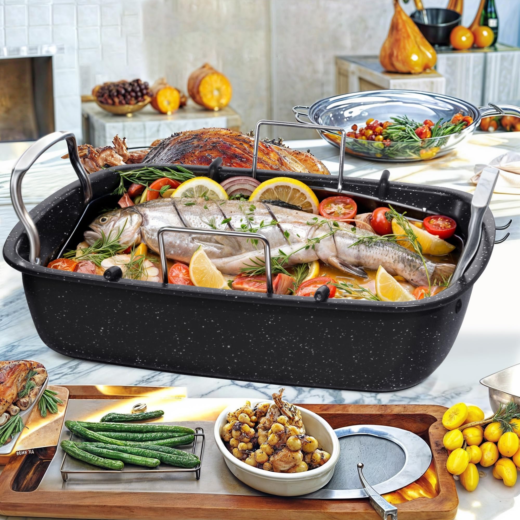 RavisingRidge Roasting Pan with Rack, 17 x 13 Inch Nonstick Turkey Roaster with Steel Handles – Ideal for Ovens, Lasagna, Meat & Vegetables, Perfect for Thanksgiving & Christmas (Black)