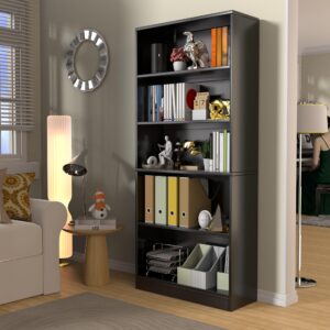 holzart 71" Tall Book Shelf, 5 Tier Large Bookshelf, Standing Wood Display Book Shelf for Living Room, Office, Library with Doors, 31.5" W x 70.87" H x 11.81" D, Black