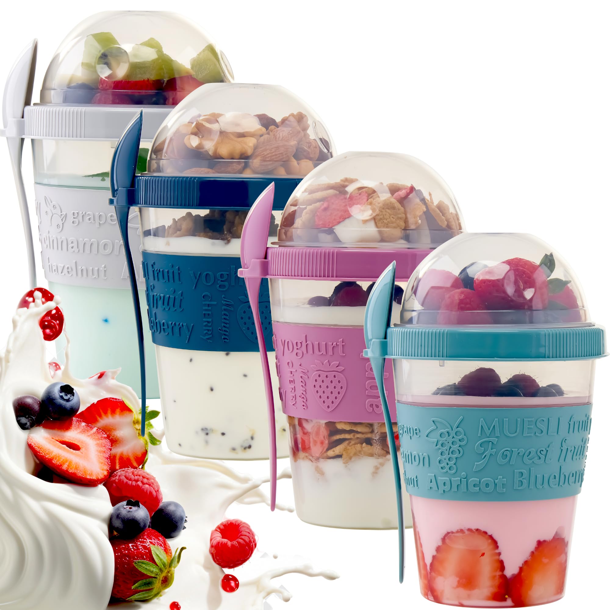 BCS 4 Pack Yogurt Parfait Cups with Lids Reusable Take and Go Yogurt Containers with Lids and Spoons Overnight Oats Containers Breakfast on the Go Durable Cups with Topping for Cereal Granola (20 oz)