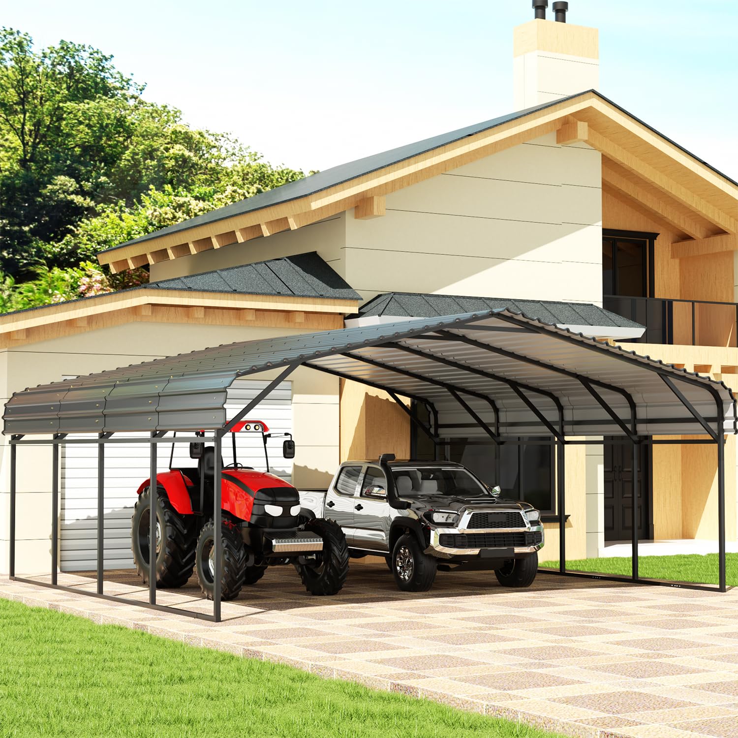 EBE 20' x 20' Metal Carport, Heavy Duty Outdoor Carport with Galvanized Steel Roof, Carport Garage Car Shelter Shade for SUV, Truck and Boats, Grey