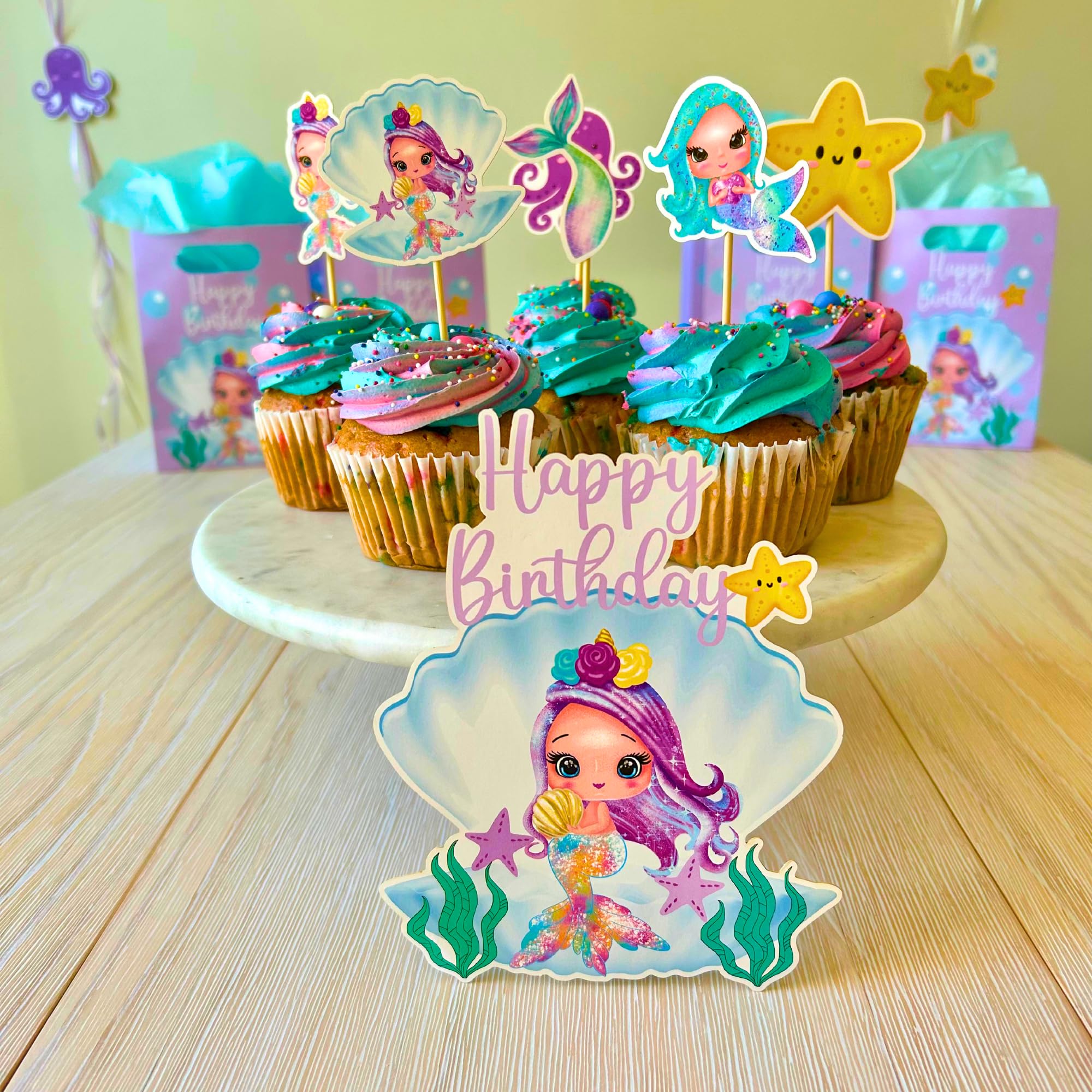 Mermaid Birthday Decorations Kit, All-in-1 Girl's Party Decor Package With Mermaid Tail Balloons, Hanging Swirls, Goodie Bags, Birthday Banner, Plates- Purple, Teal. Mermaid Party Supplies for kids.