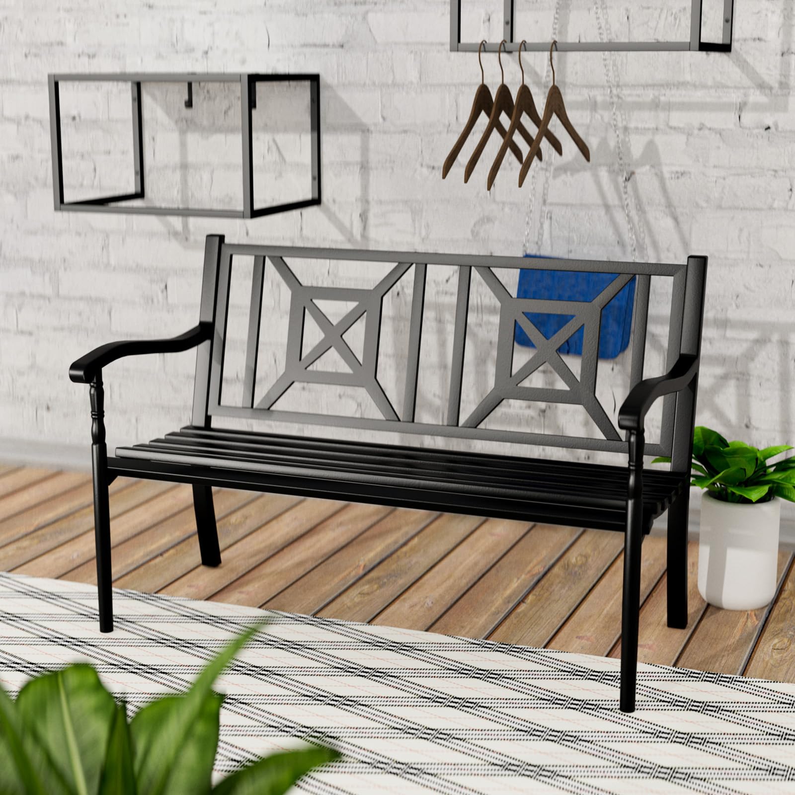 SHGJ&SOFT Outdoor Bench, Garden Bench, Cast Iron Metal Frame Patio Park Bench with a Small Table, for Porch, Lawn, Garden, Yard (D1021BK-1)