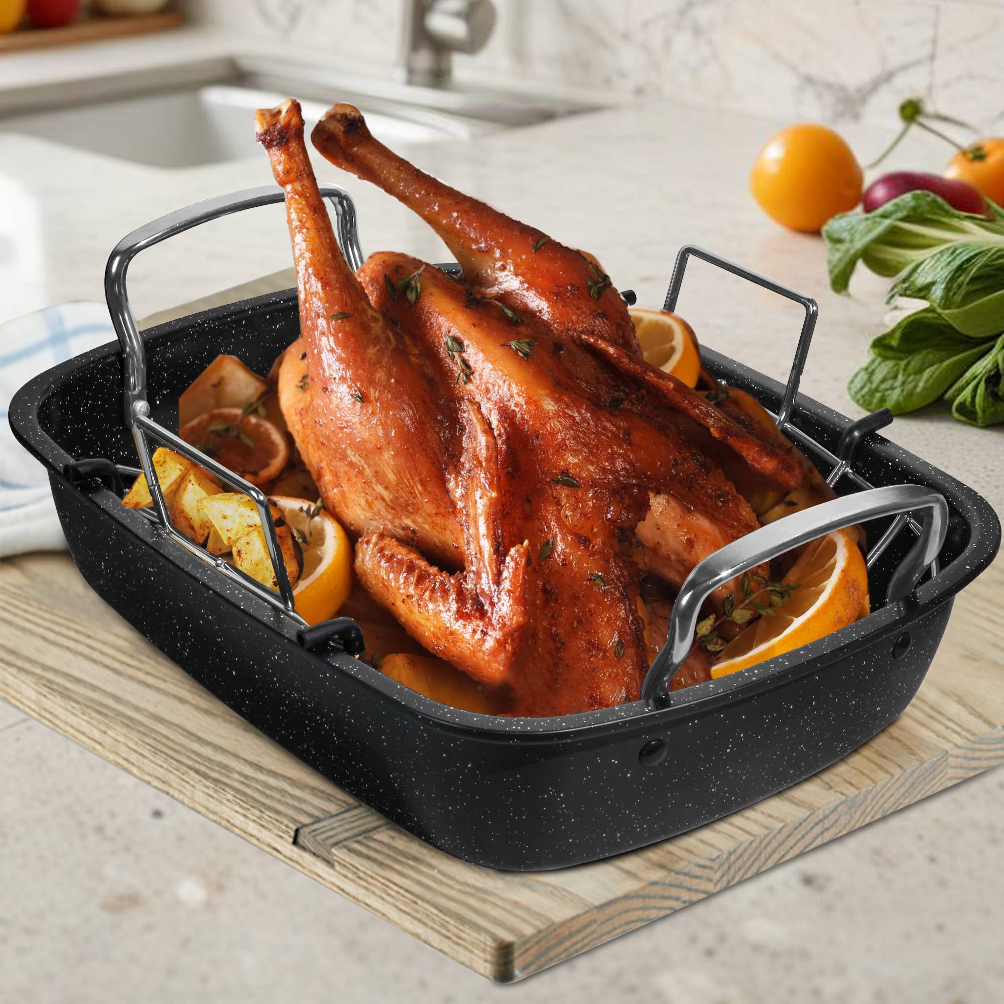 RavisingRidge Roasting Pan with Rack, 17 x 13 Inch Nonstick Turkey Roaster with Steel Handles – Ideal for Ovens, Lasagna, Meat & Vegetables, Perfect for Thanksgiving & Christmas (Black)