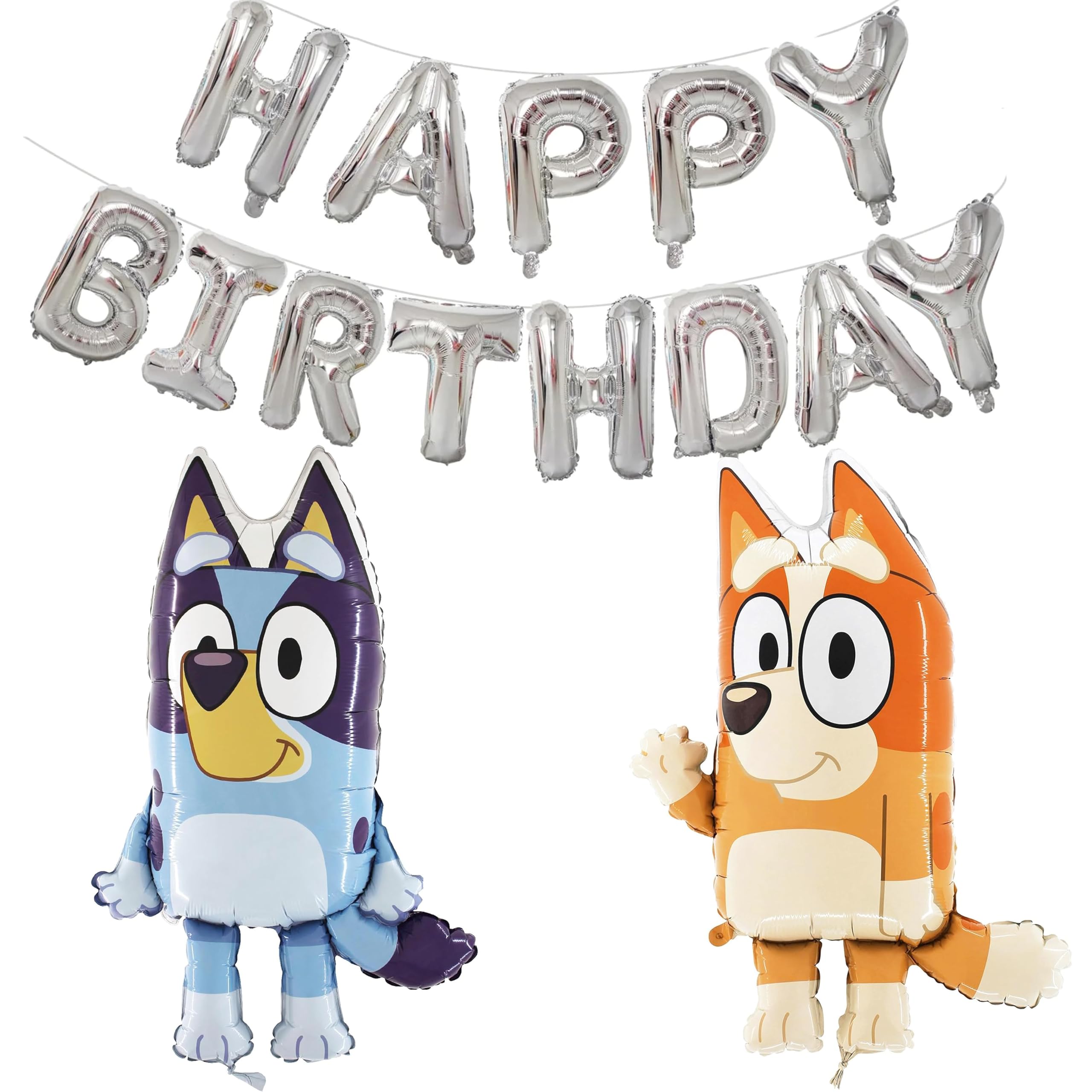 Toyland® Bluey & Bingo Balloon Pack - 2 x 80cm (32") Character Balloons & 1 x 16" Silver Happy Birthday Balloon Banner - Kids Party Decorations