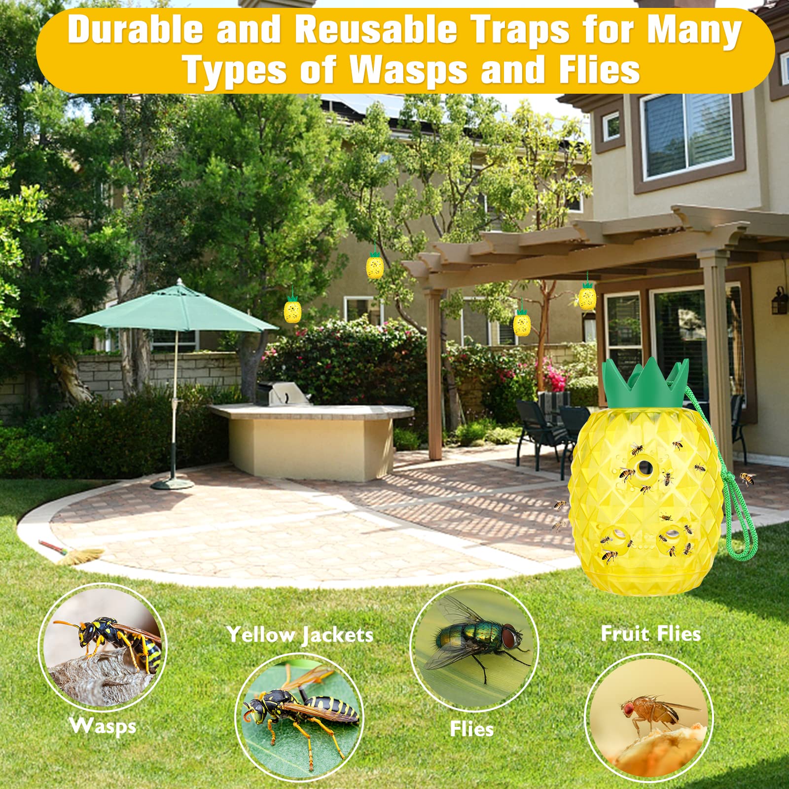 Wasp Traps Outdoor Hanging, Bee Traps Repellent Yellow Jacket Catchers Killer for Outside, Hornet Wasp Trap Non-Toxic Reusable Hanging Traps Pineapple Shape - 2 Pack