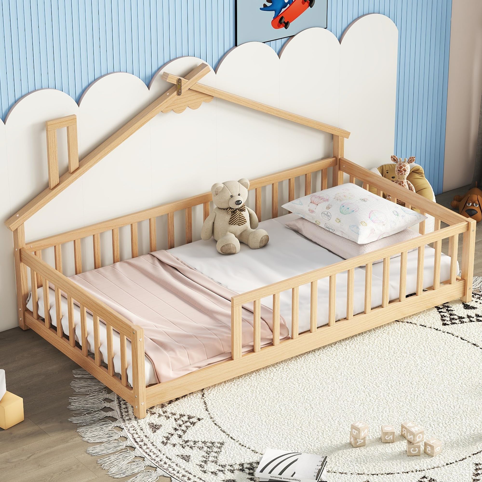 KEIKI Twin House-Shaped Bedside Floor Bed with Guardrails, Slats, Without Door,Natural