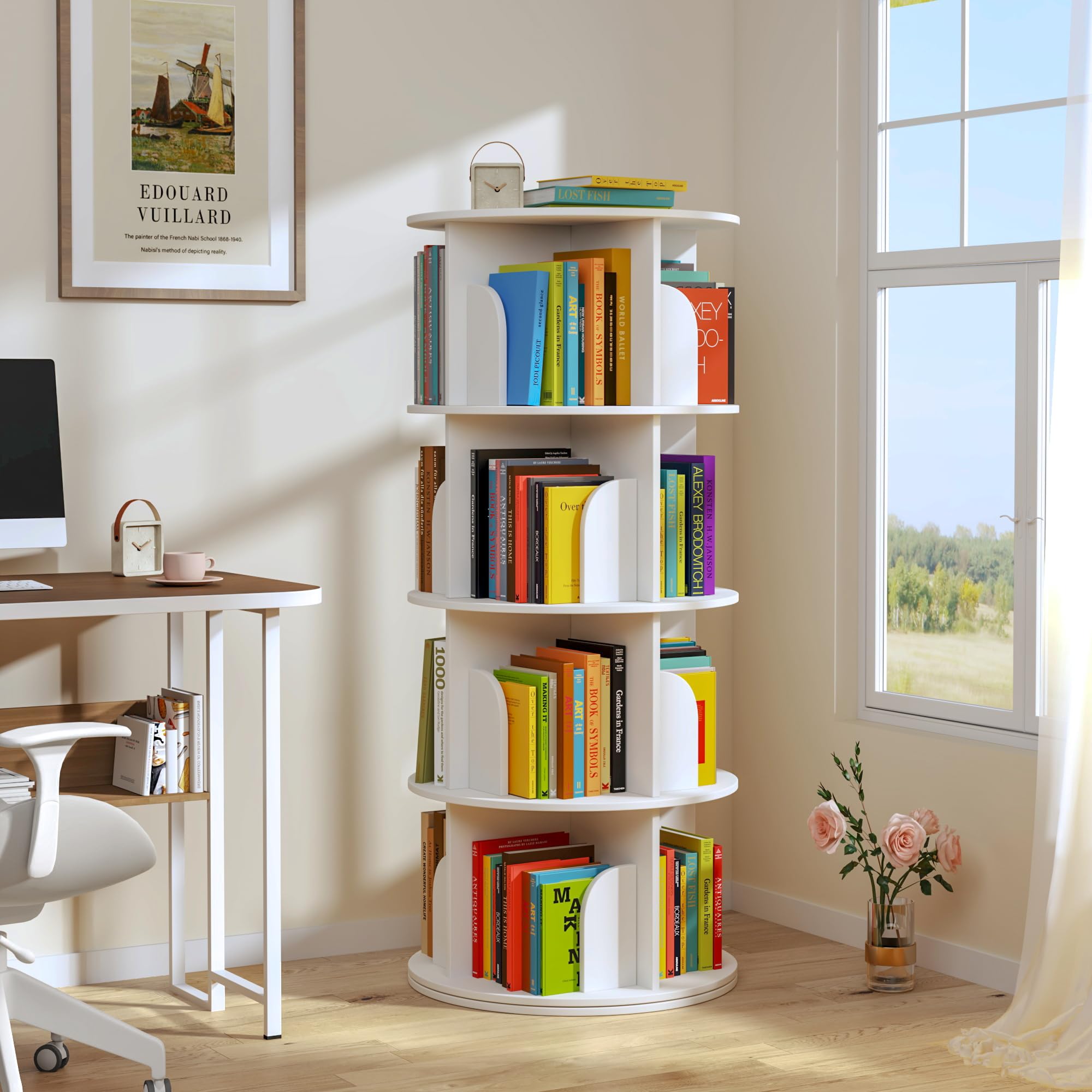 DAOTENGQL 4 Tier Rotating Bookshelf, 360 Spinning Corner Bookcase Tower, Floor Standing Book Shelf Organizer for Bedroom and Living Room, Round Bookshelf for Small Space, Easy to Assemble (White)