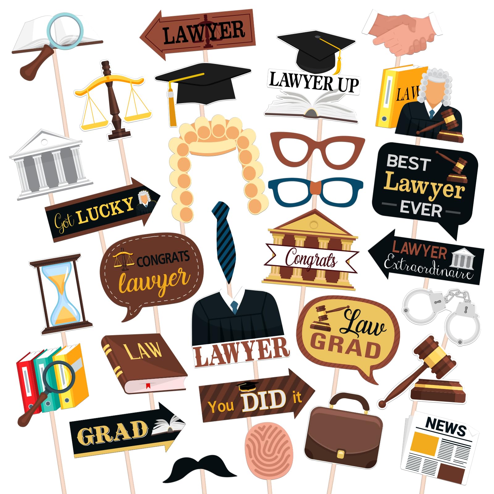 Maicaiffe Lawyer Graduation Party Photo Booth Props - 30 Pcs Congrats Lawyer Selfie Props Favors Supplies - Law School Graduation Party Centerpiece Sticks - Graduation Party Decorations